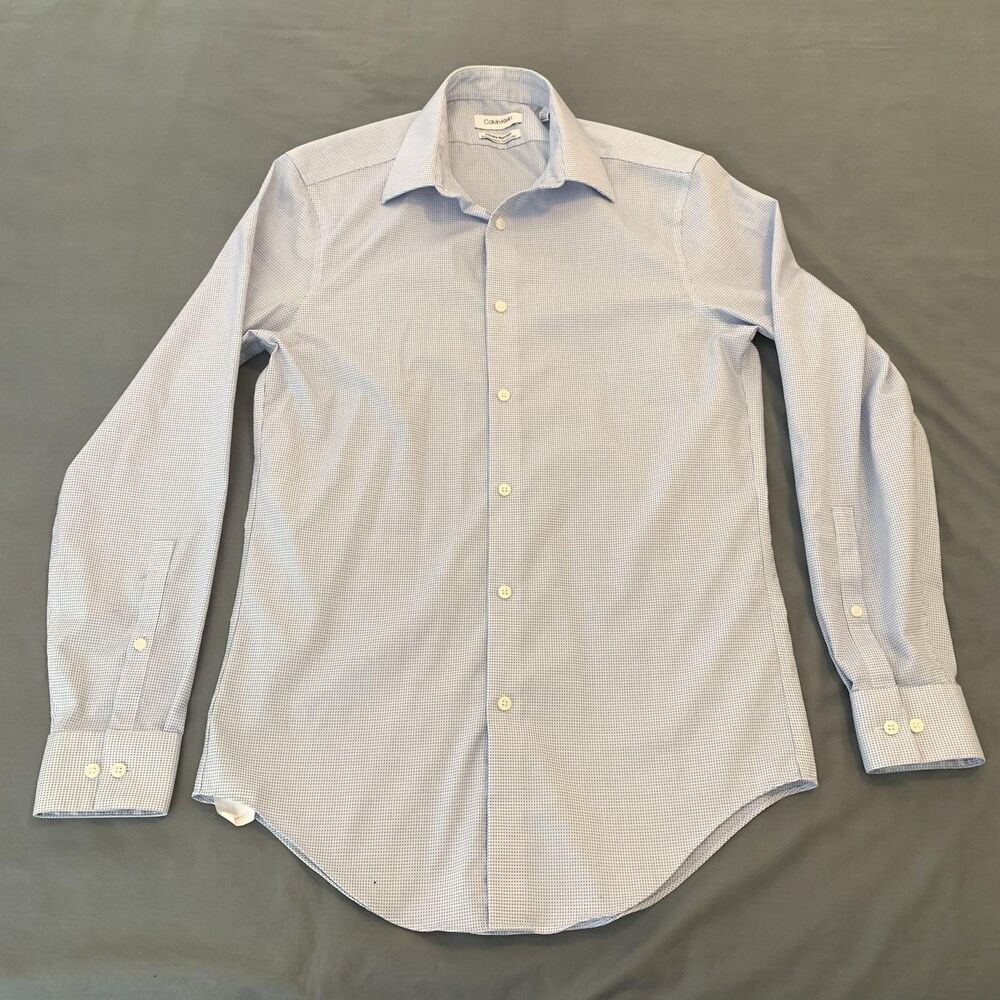Calvin Klein Shirt Mens 14.5 32/33 Blue White Check Slim Fit‎ Infinite Non Iron